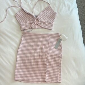 Iris Pink and White Pencil Mini Skirt with Slit